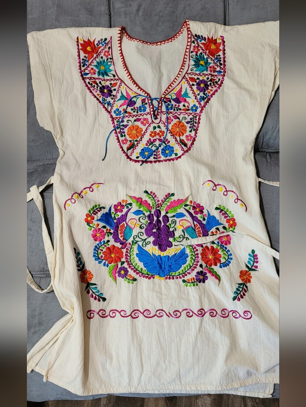Hand-Embroidered Cream Mexican Dress with Colorful Floral Embroidery